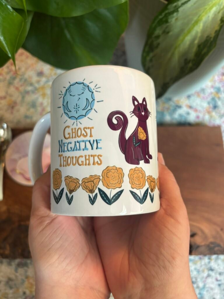 "Ghost Negative Thoughts" Mug with Cats and Mums