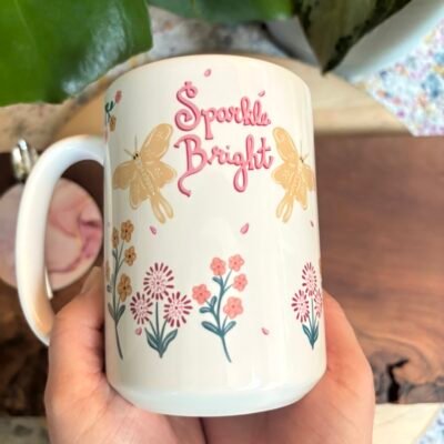 “Sparkle Bright” Mug with Moths and Wildflowers