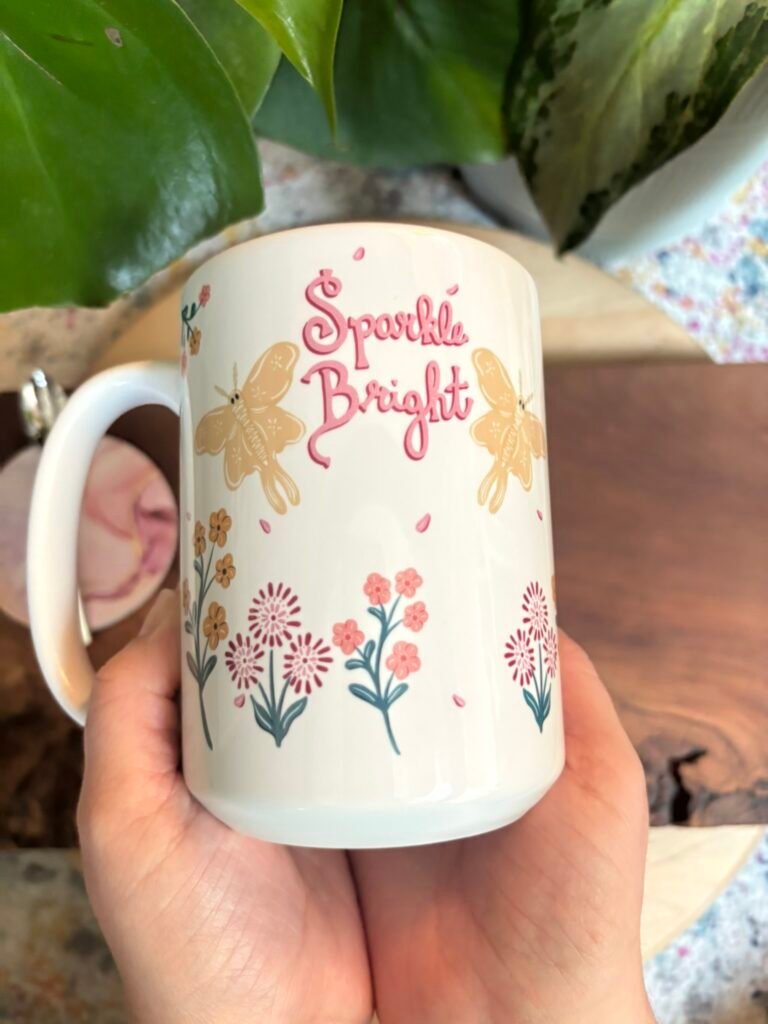 “Sparkle Bright” Mug with Moths and Wildflowers