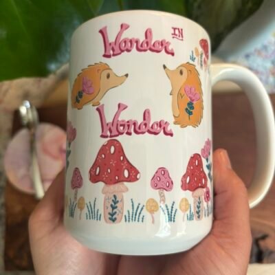 “Wander in Wonder” Mug with Hedgehogs and Mushrooms