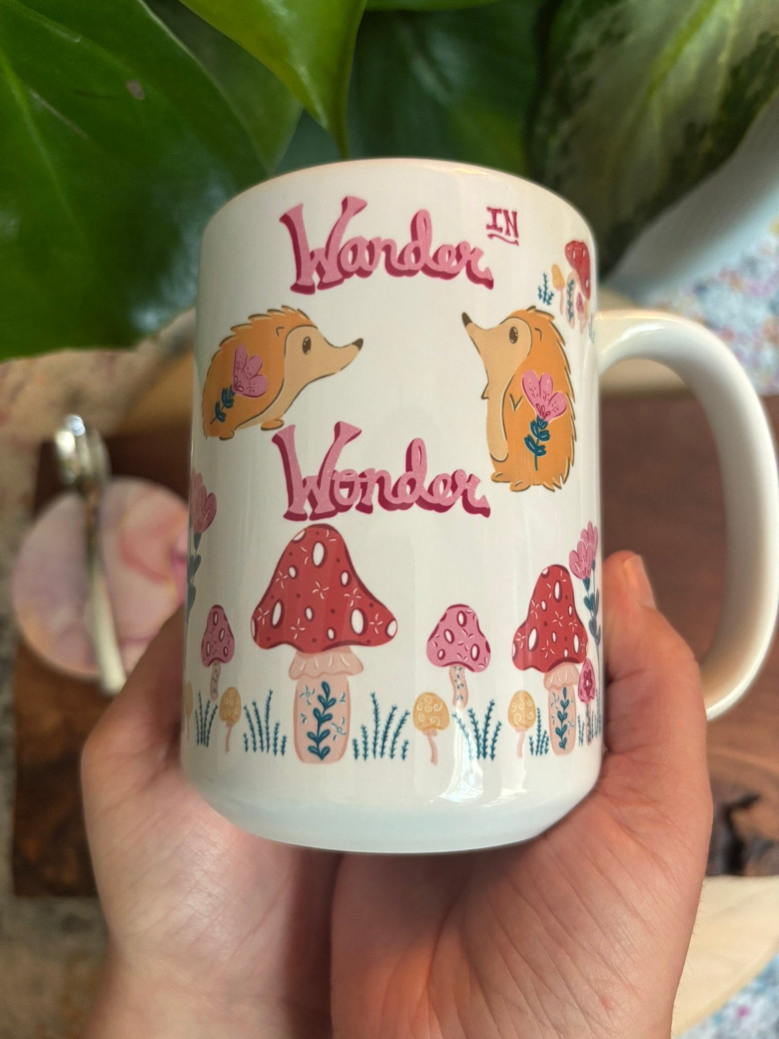 “Wander in Wonder” Mug with Hedgehogs and Mushrooms